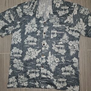 Barba Navy and White Tropical Print Short-Sleeve Button-Down Shirt
